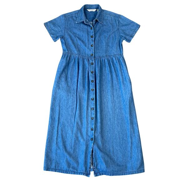 Vintage L.L. Bean Women's Blue Jean Denim Button Down Midi Dress (Sz M) - Picture 2 of 10